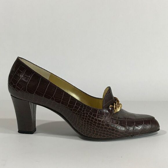 Vintage 90s Bruno Magli Croc Pumps w/Gold Chain - Picture 3 of 7